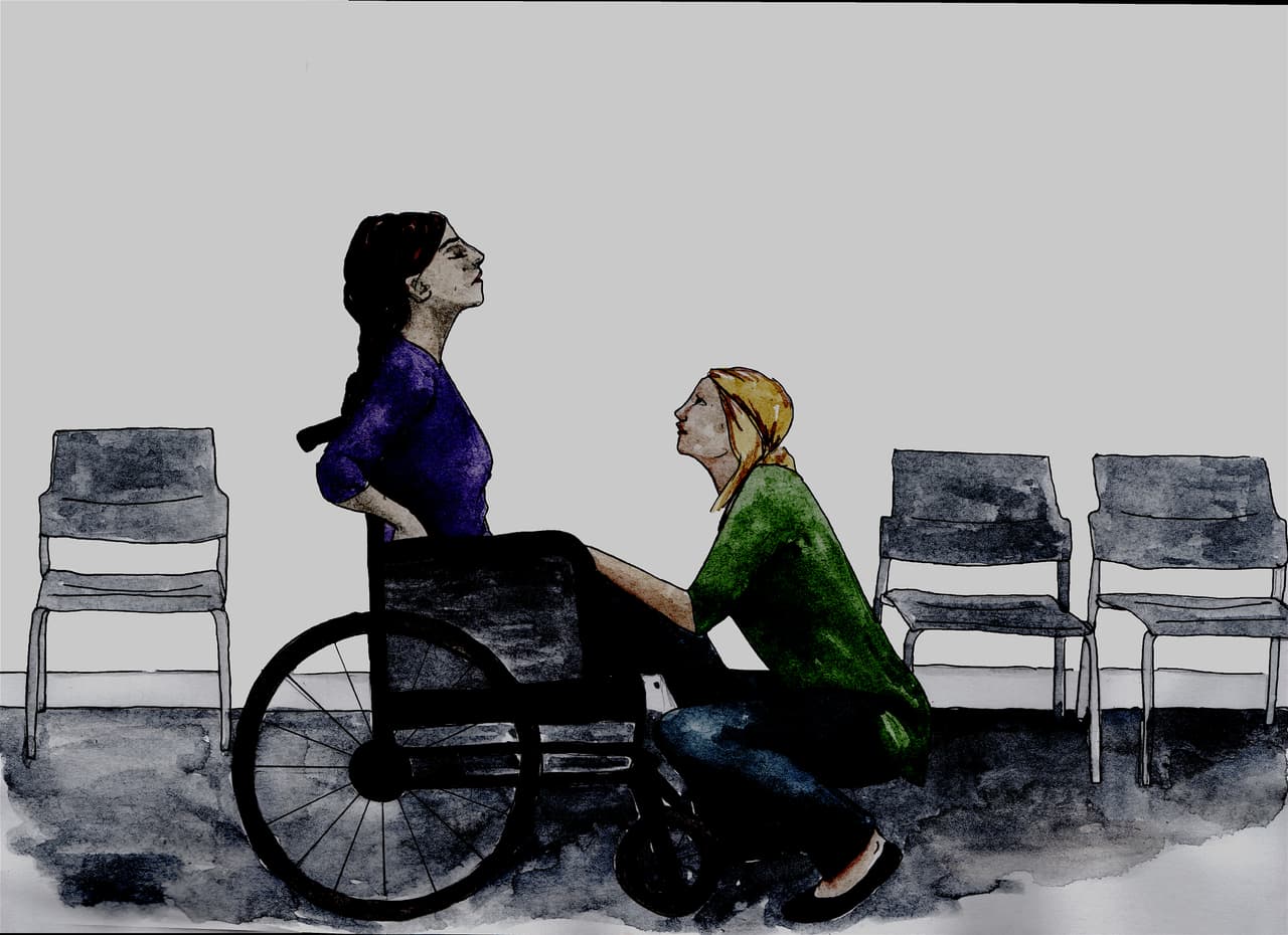 An illustration of a disabled woman in a refuge