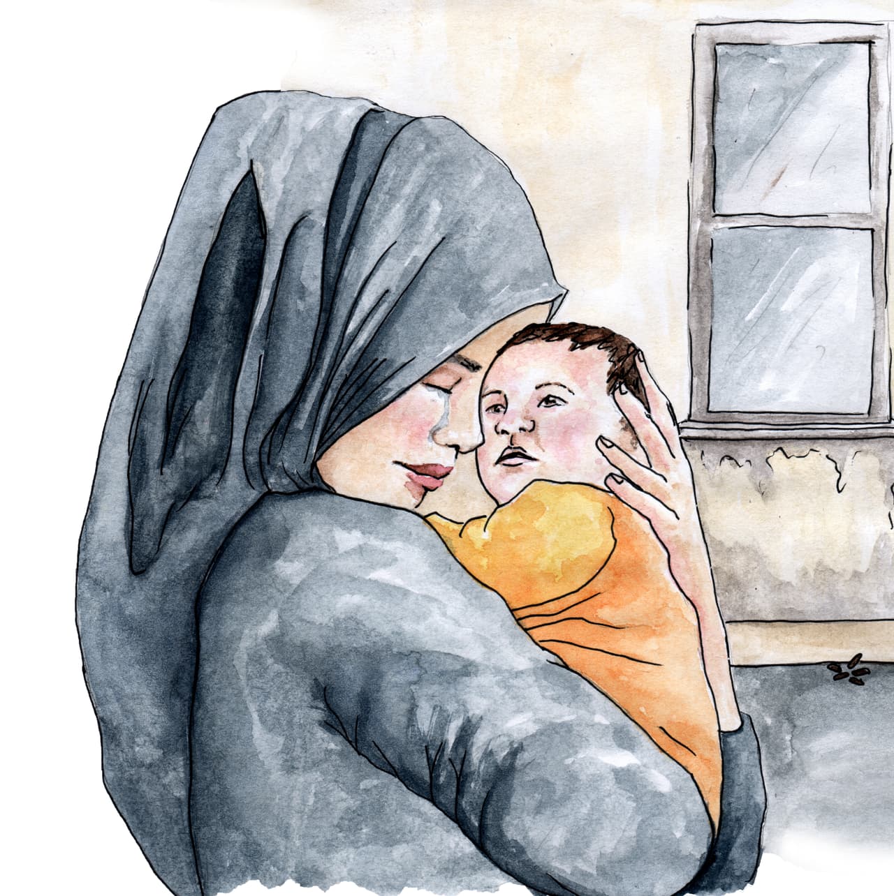 An image of a woman hugging her baby in a refuge