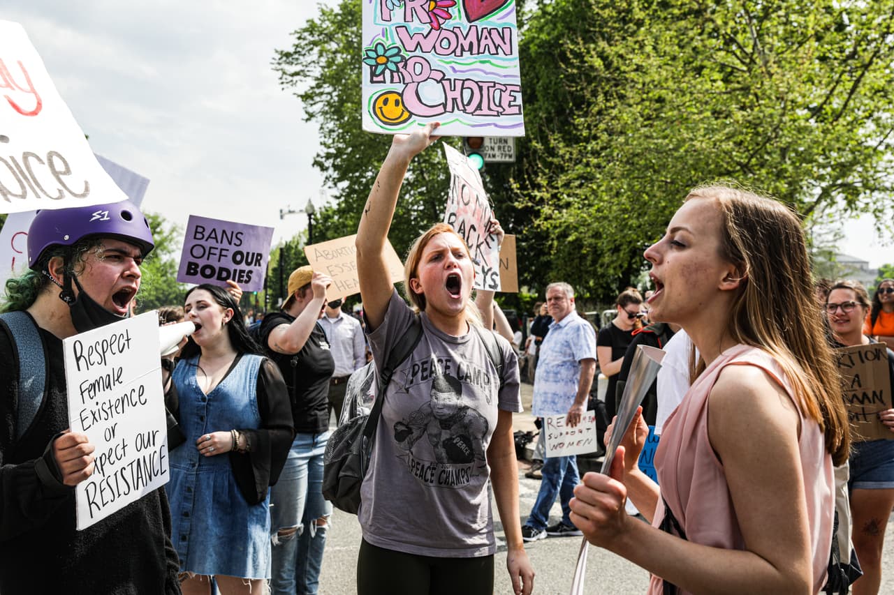 Abortion rights demonstrators (left) confront anti-abortion rights demonstrators outside the US supreme court in Washington DC on 4 May 2022