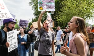 Abortion rights demonstrators (left) confront anti-abortion rights demonstrators outside the US supreme court in Washington DC on 4 May 2022