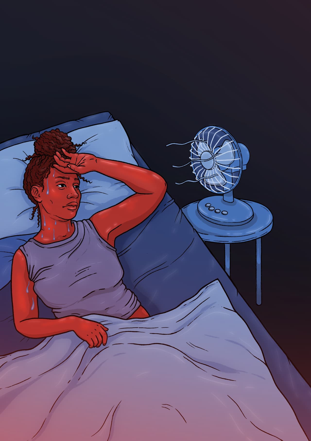 An illustration of a woman overheating in bed in front of a fan