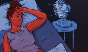 An illustration of a woman overheating in bed in front of a fan