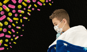 Chace sleeps in a hospital bed after contracting salmonella. The picture is overlaid with neon tablets and pills