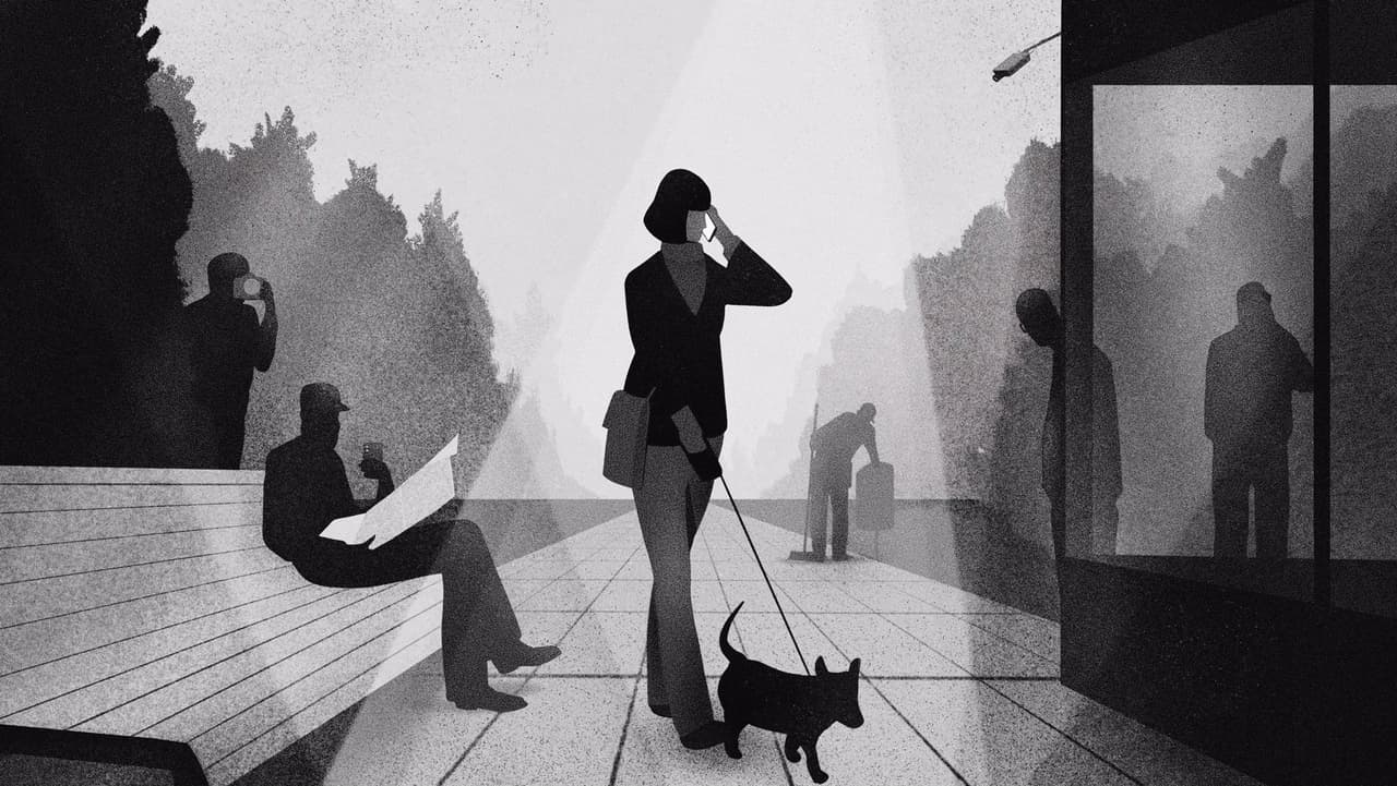 A black-and-white illustrated image of a woman walking her dog in a park while apparent strangers nearby secretly spy on her