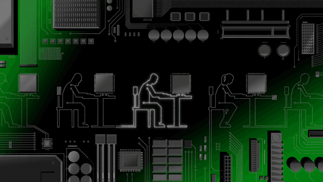 A black, white and green illustration of a series of workers at minimalistic workstations staring at screens, all in the style of circuitry on a motherboard