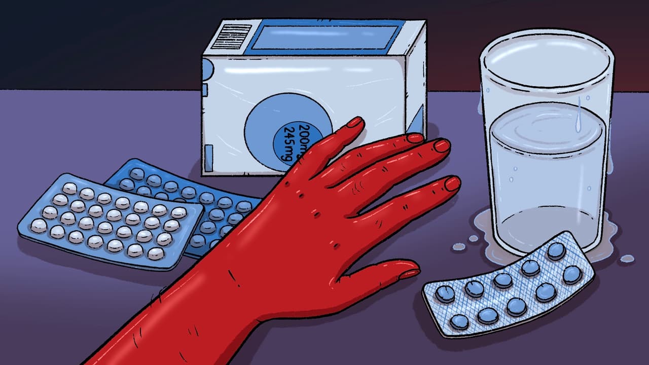 Illustration of a hand reaching for a packet of pills