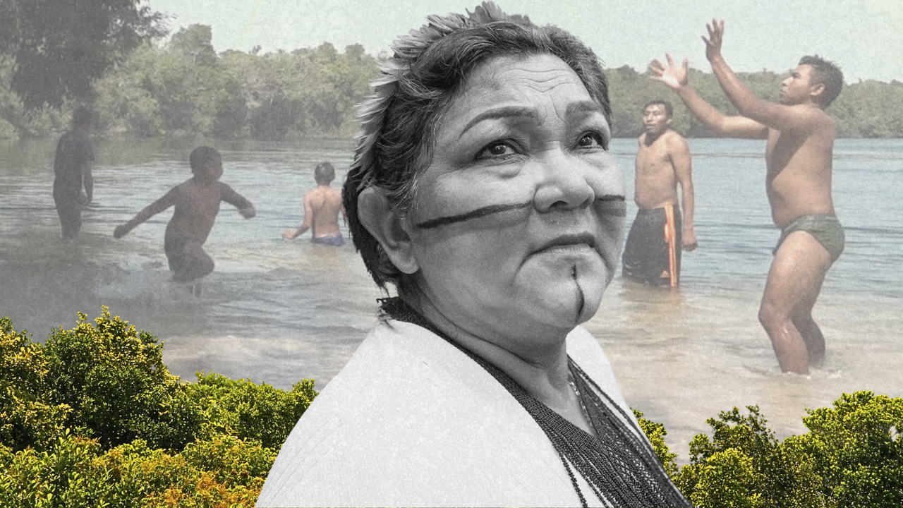 A composite of Kátia Silene Akrãtikatêjê, the first female leader of the Gavião Indigenous people, and members of the Mỹky Indigenous community playing in the river