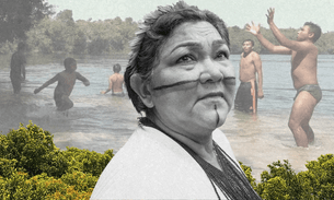 A composite of Kátia Silene Akrãtikatêjê, the first female leader of the Gavião Indigenous people, and members of the Mỹky Indigenous community playing in the river