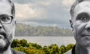 A composite of Bruno Pereira, left, and Dom Phillips, right, over the Amazon river and rainforest that was the backdrop to their lives' work