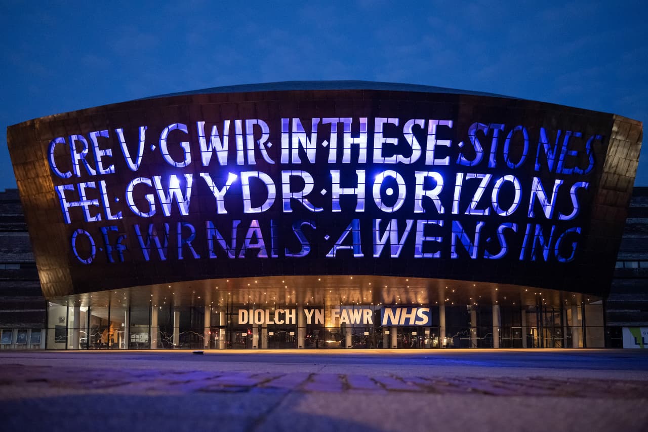 The Millennium Centre in Cardiff illuminated at night