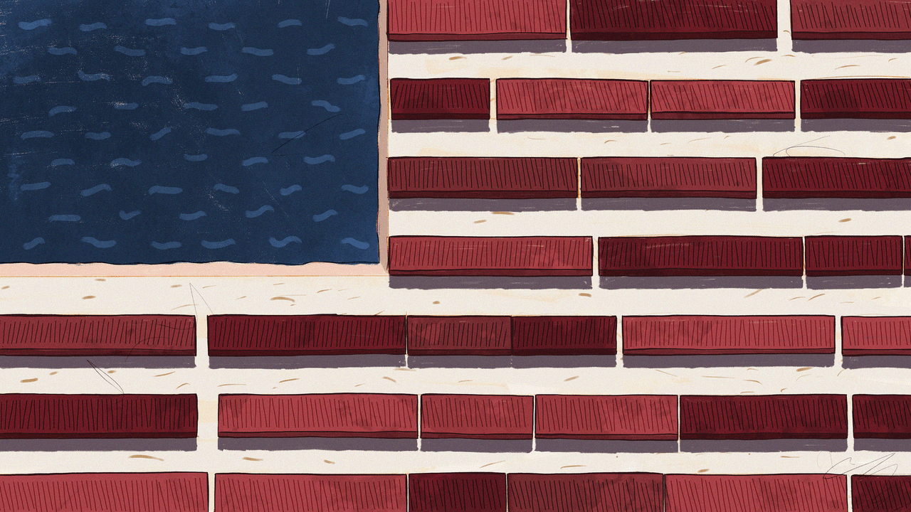 An illustration of a shipping containers, seen from above, coloured to resemble the US flag