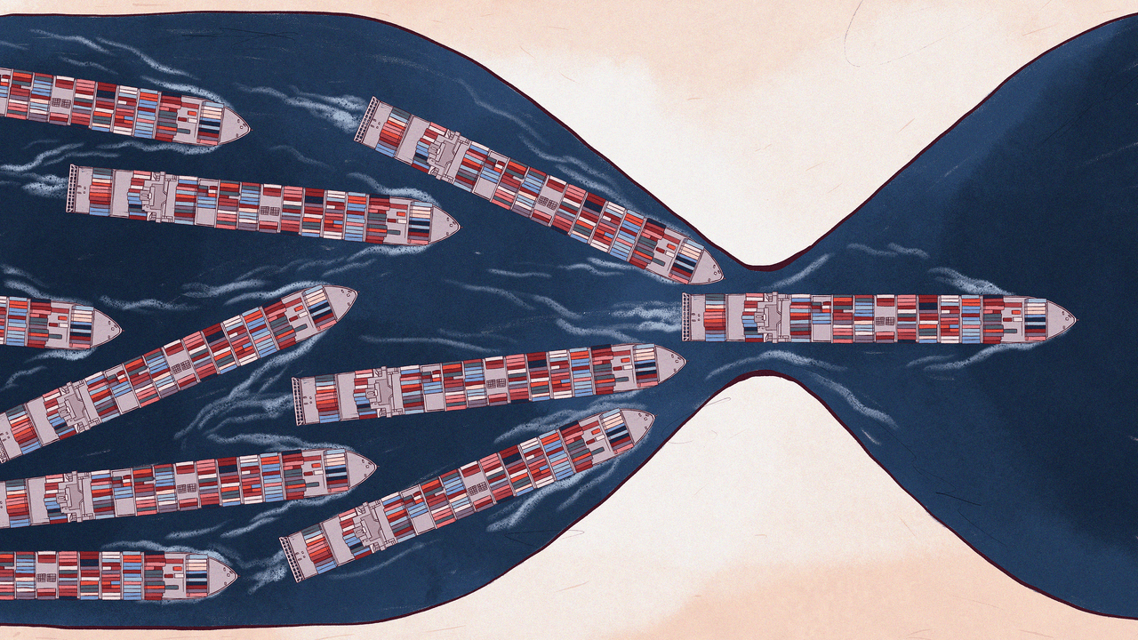 An illustration of cargo ships stuck in a bottleneck, in a waterway shaped like a egg timer