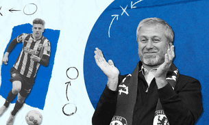 A composite image of a footballer running after the ball and Roman Abramovich, smiling and applauding, wearing a Chelsea scarf