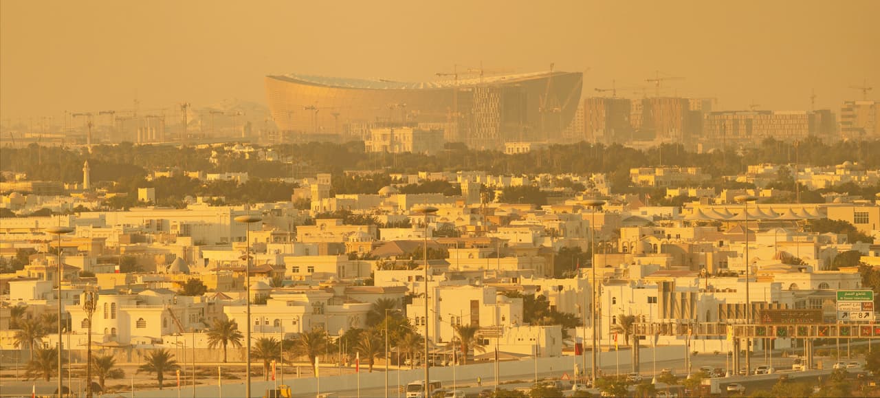 A skyline picture shows the Lusail Stadium in Doha