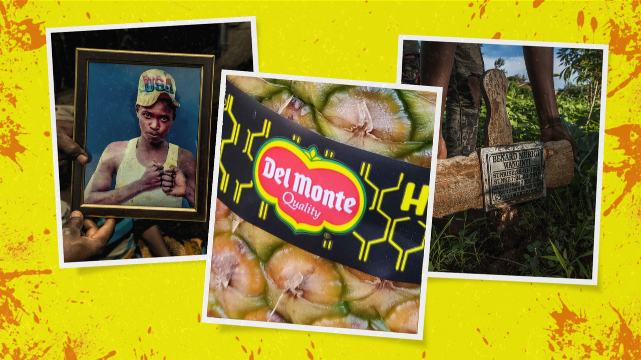 A photo of Bernard Murigi Wanginye and his grave with a Del Monte pineapple. Five former Del Monte guards currently stand trial for his murder