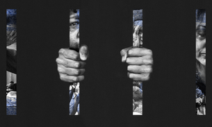 Collage image of two hands holding on to prison bars, which are made up of various distressed faces and figures