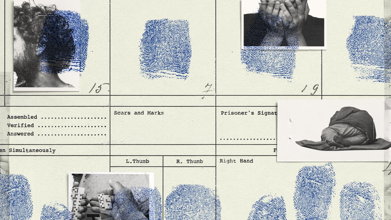 A collage of a police booking form covered in fingerprints and fragmented photographs