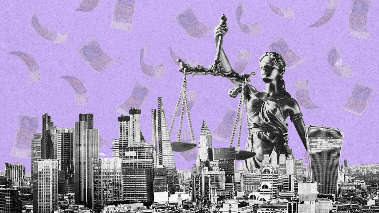 A composite graphic of Canary Wharf, justice scales and money falling from the sky