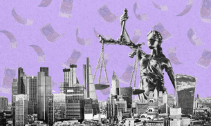 A composite graphic of Canary Wharf, justice scales and money falling from the sky
