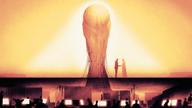 An illustration of two men shaking hands beneath a towering World Cup