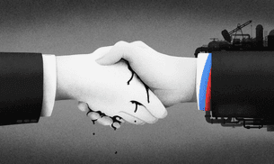 An illustration of a handshake with oil, the colours of the Russian flag and fossil fuel industry images