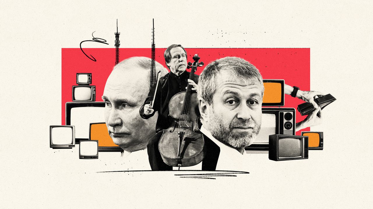 A collage image that shows the head of Putin and Abramovich either side of a man playing the cello, with old TV sets in the background