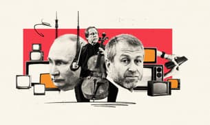 A collage image that shows the head of Putin and Abramovich either side of a man playing the cello, with old TV sets in the background