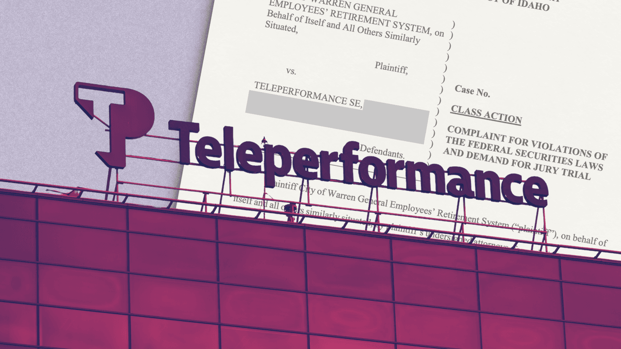 A composite image of the Teleperformance HQ building, which is topped with a large sign of the company name, over the first page of the lawsuit documents. The names of various company officers have been redacted by TBIJ