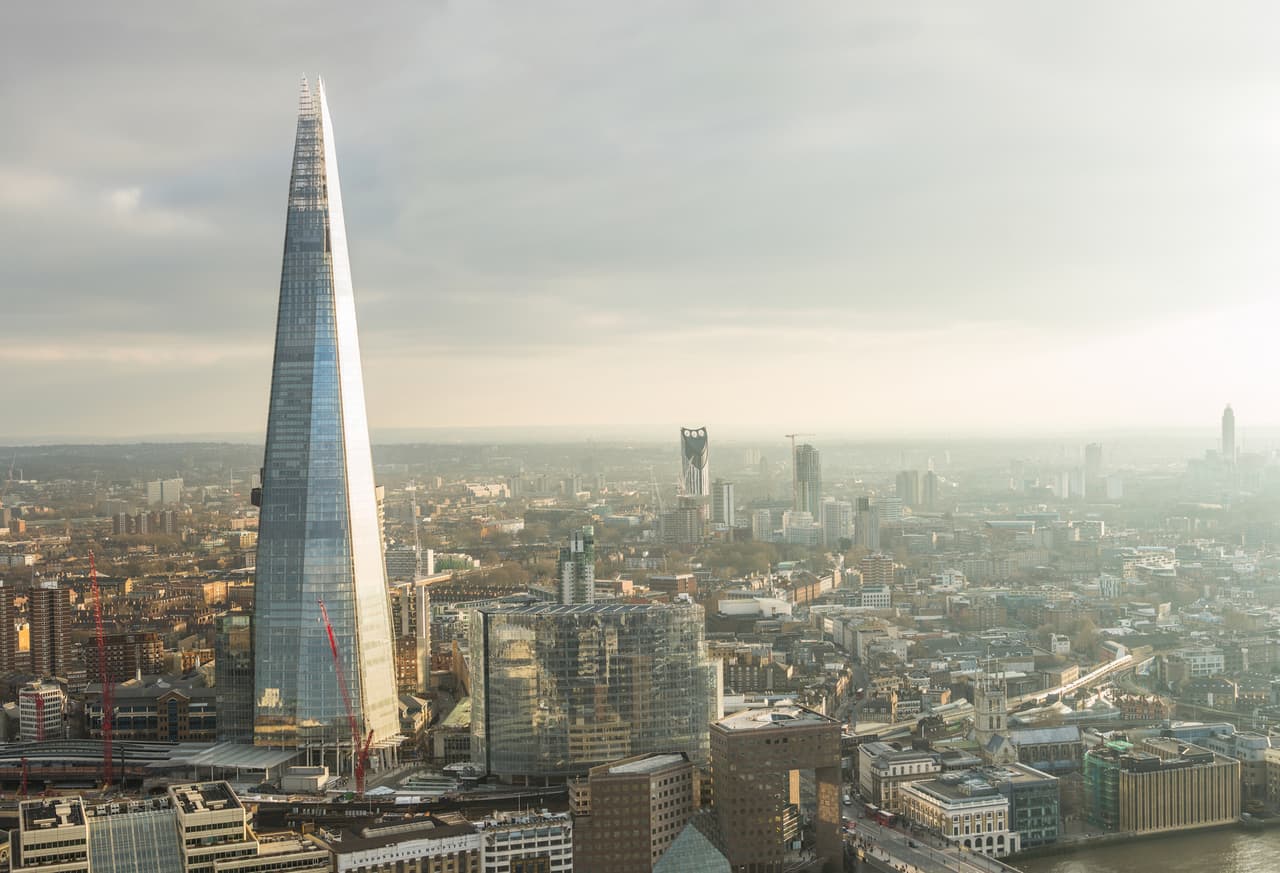The Shard, the UK's tallest building, set against London's skyline.