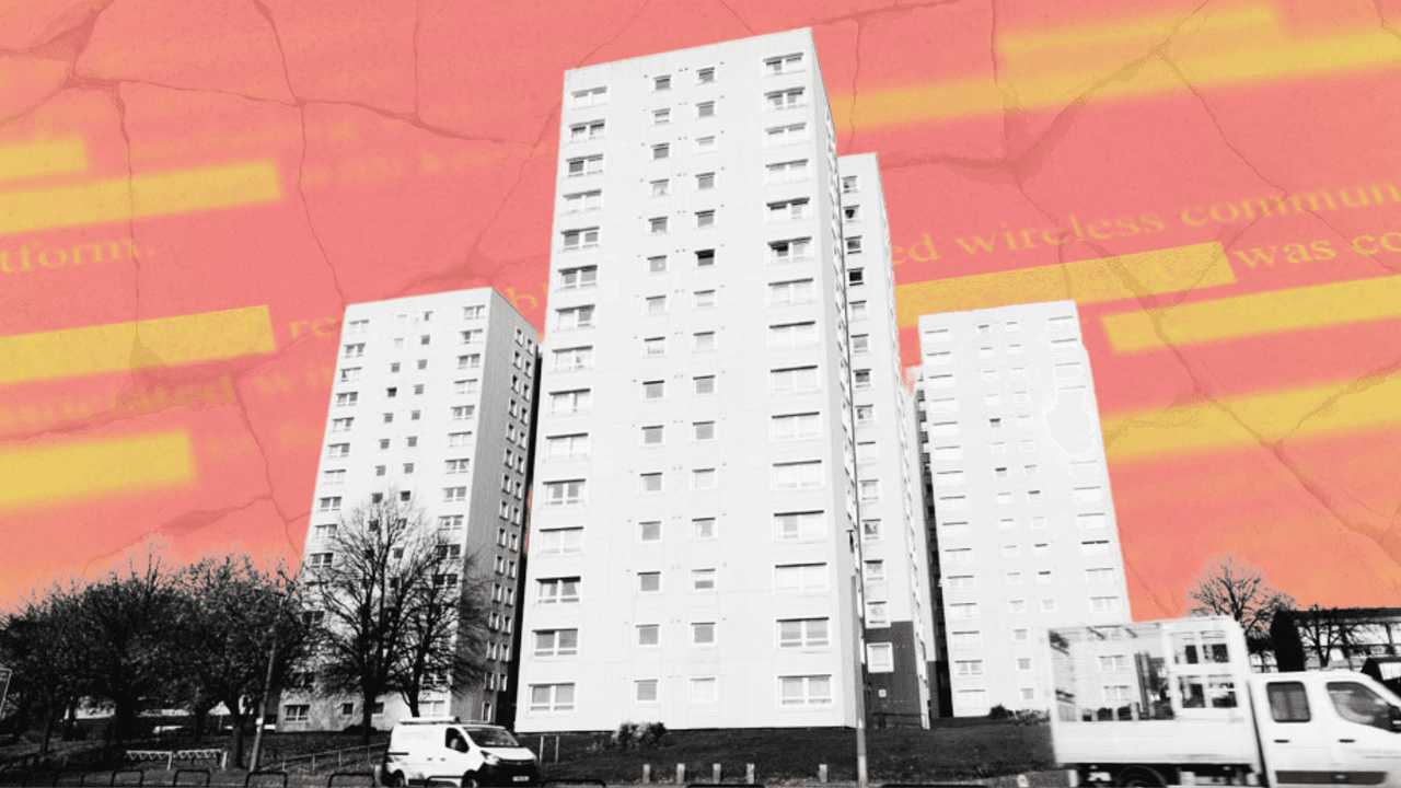 A composite image of a tower block of flats in Thurrock set to a background of paper