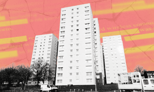 A composite image of a tower block of flats in Thurrock set to a background of paper