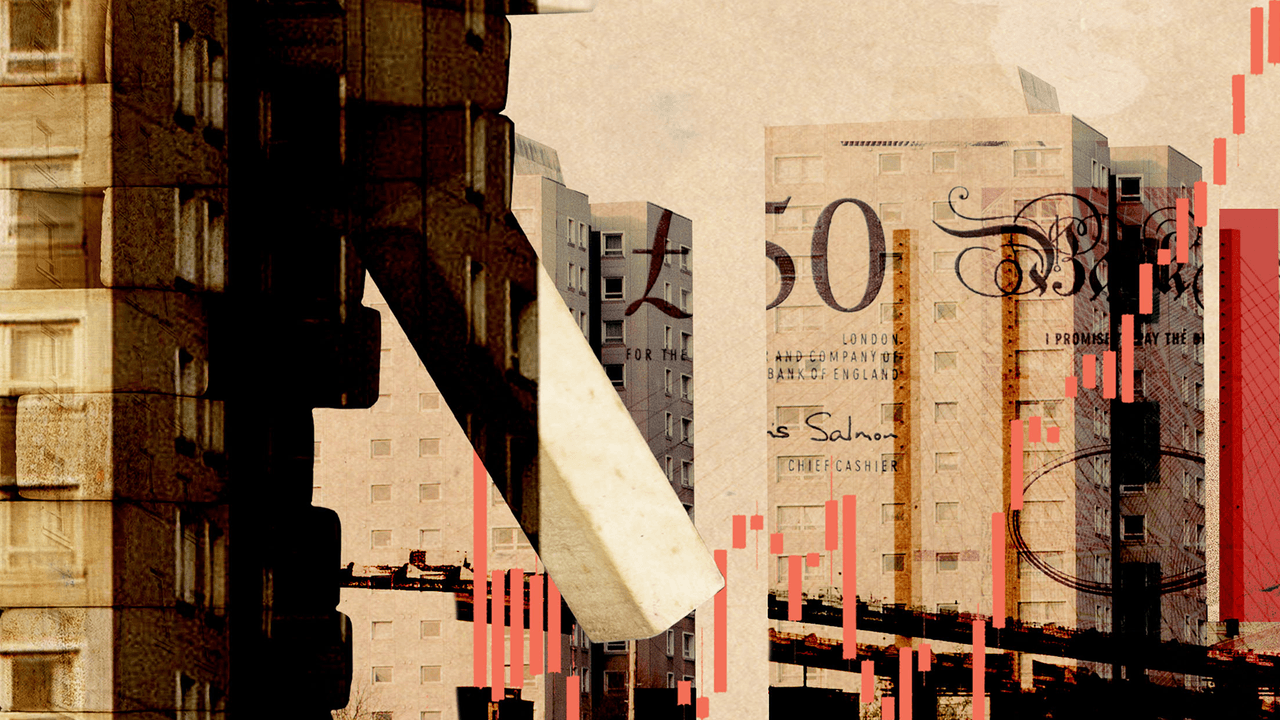 A graphic of high rise buildings with £50 notes