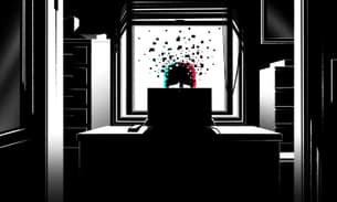 A digital illustration of a person sat in front of a computer screen. Their head is pixelated, and floating above the shape of the head. The colours of the head match TikTok branding.