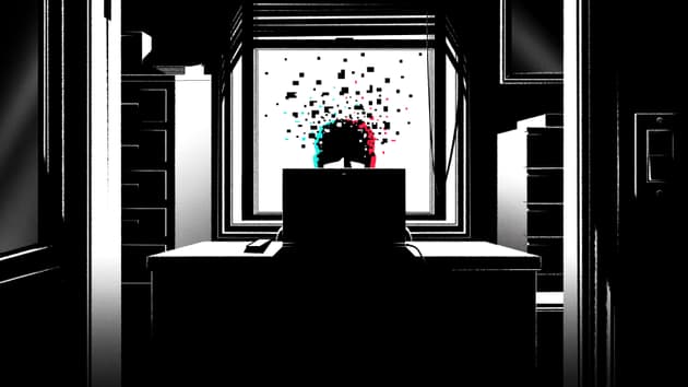 A digital illustration of a person sat in front of a computer screen. Their head is pixelated, and floating above the shape of the head. The colours of the head match TikTok branding.