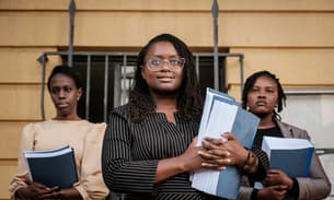 The Kenyan lawyer Mercy Mutemi speaks to the press after filing the lawsuit against Meta at Milimani Law Courts in Nairobi
