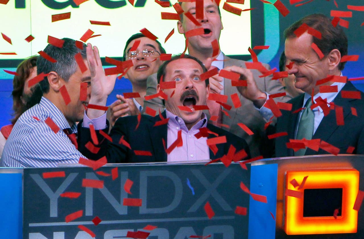 Yandex’s founder and CEO Arkady Volozh celebrates as the company is listed on the Nasdaq exchange in New York in 2011