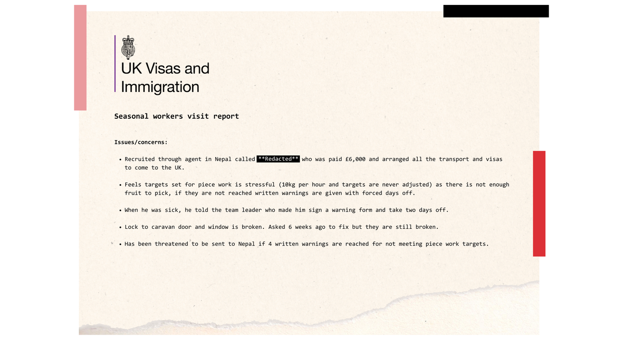 An excerpt from a seasonal workers inspection report. It reads: Issues/concerns: Recruited through agent in Nepal called **REDACTED** who was paid £6,000 and arranged all the transport and visas to come to the UK. Feels targets set for piece work is stressful (10kg per hour and targets are never adjusted) as there is not enough fruit to pick, if they are not reached written warnings are given with forced days off. When he was sick, he told the team leader who made him sign a warning form and take two days off. Lock to caravan door and window is broken. Asked 6 weeks ago to fix but they are still broken. Has been threatened to be sent to Nepal if 4 written warnings are reached for not meeting piece work targets.