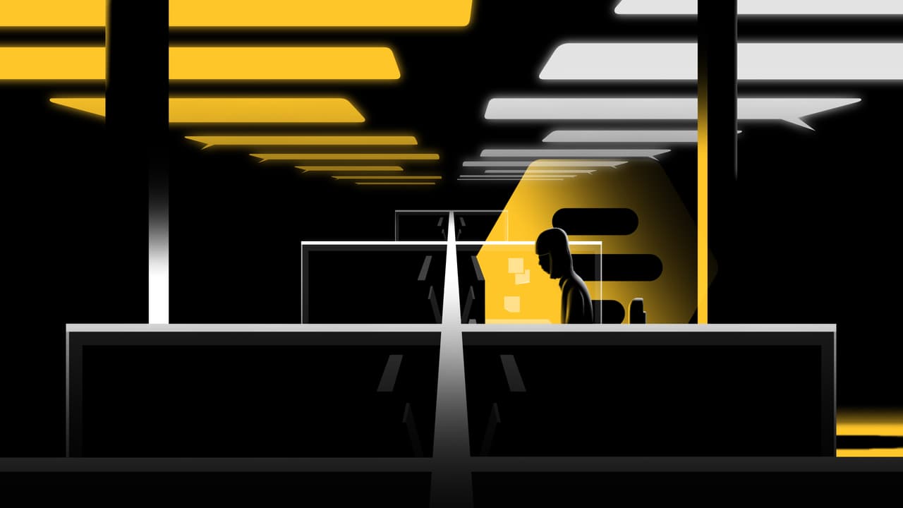 An illustration of a worker alone in a deserted office with the light from their computer forming the Bumble logo