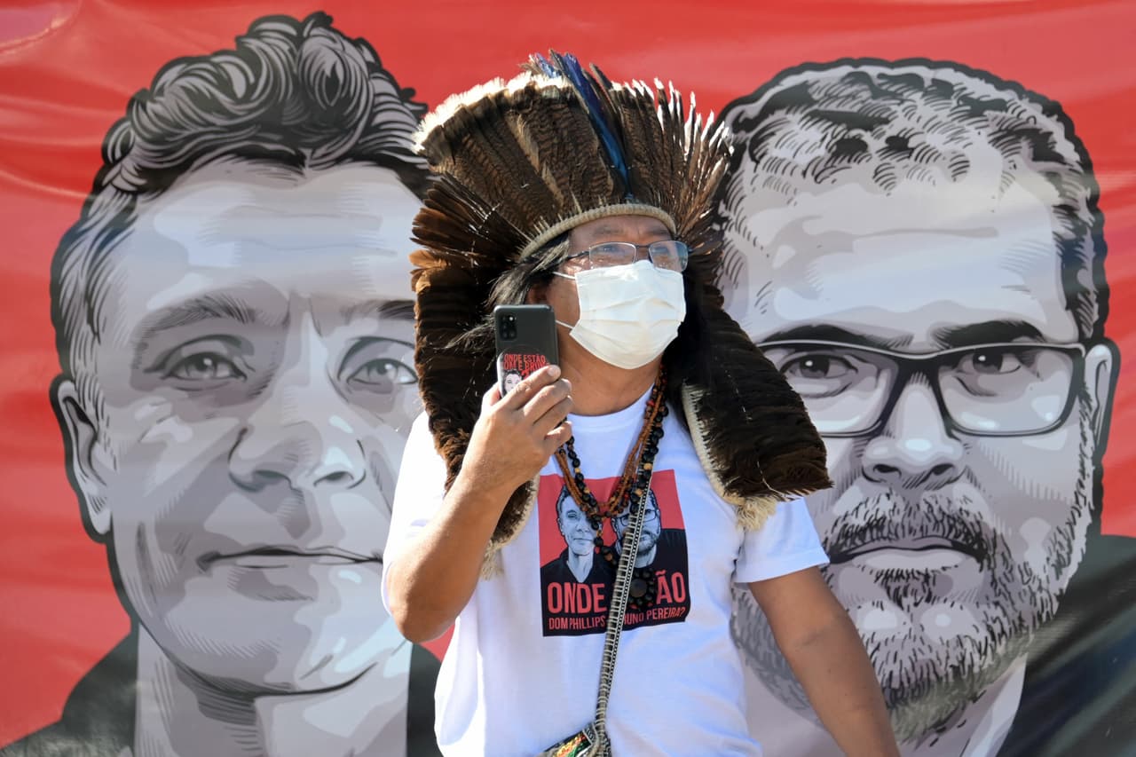 A Brazilian Kamuu Dan Wapichana indigenous man takes part in a protest of employees of the National Indigenous Foundation outside the Ministry of Justice in Brasília earlier this week