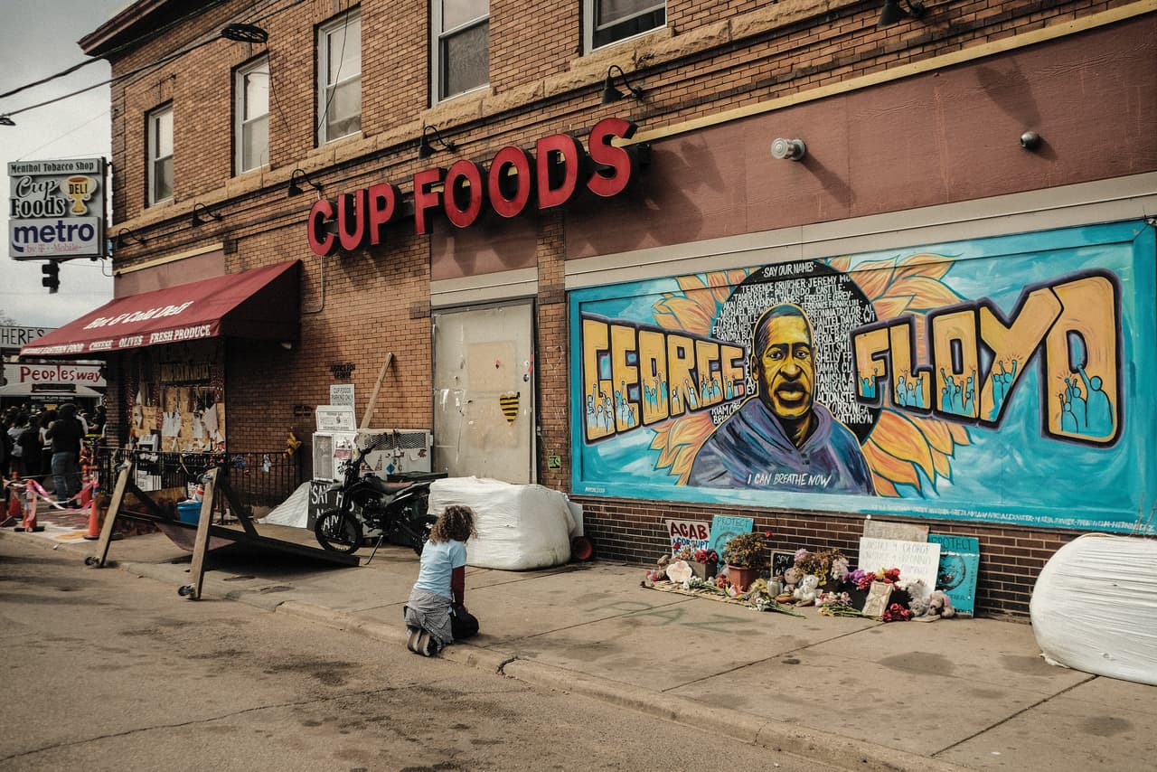 A mural to George Floyd at the spot he was murdered by Derek Chauvin, a Minneapolis police officer, in 2020