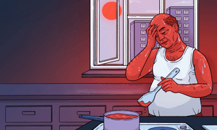 An illustration of a man sweating over a stove in the kitchen of a flat