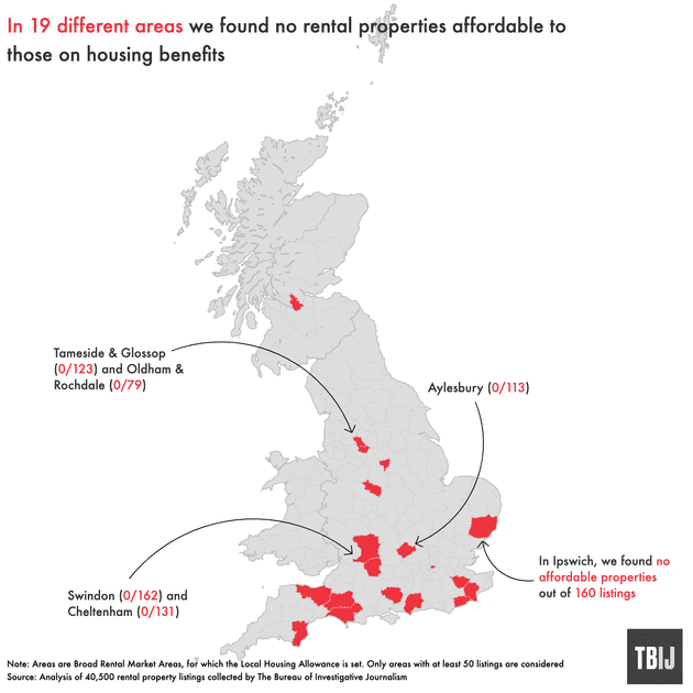 A map showing the 19 different areas of the UK where no rental properties were affordable to those on housing benefit