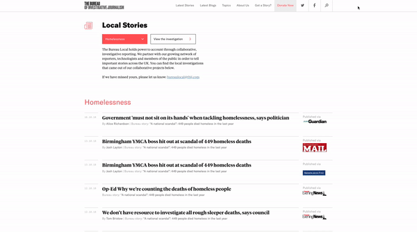GIF of the Homelessness local stories page on TBIJ website