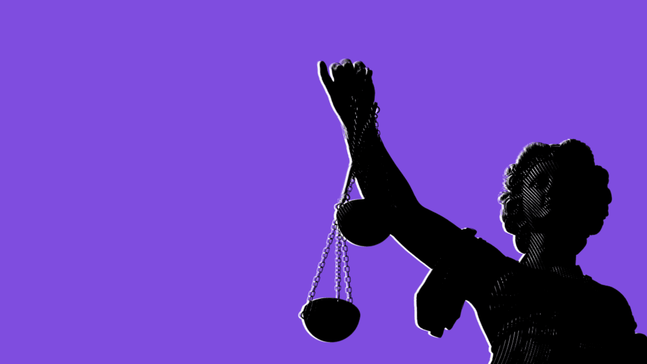 A composite graphic of the Lady Justice. holding the scales of justice. The background is purple.