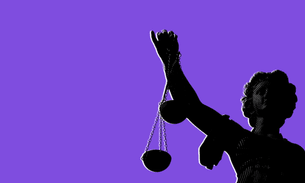 A composite graphic of the Lady Justice. holding the scales of justice. The background is purple.