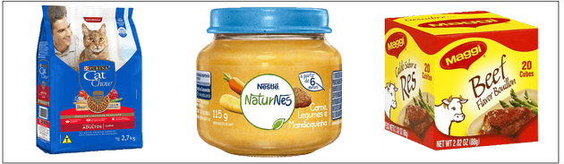 Food products sold by Nestle in Brazil. Pet food, baby food and stock cubes