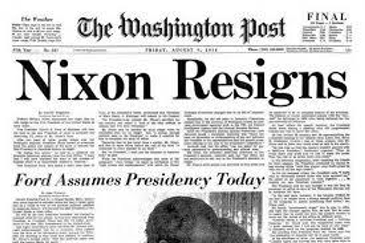 An image of the Washington Post cover story on the day of Nixon's resignation