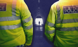 A composite image shows the backs of two metropolitan police officers in the foreground. Between them, a silhouetted woman walks alone through a tunnel
